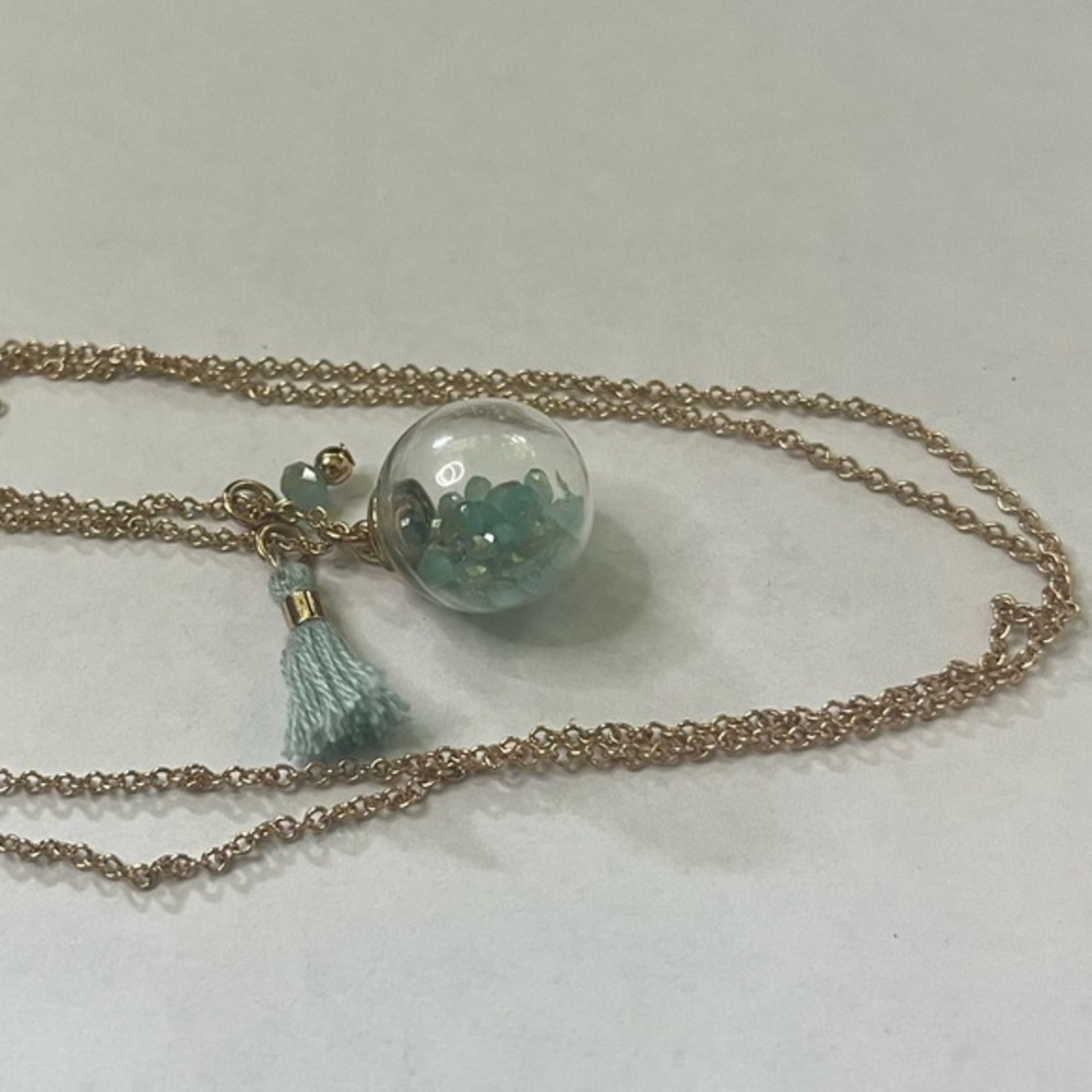 Estate Elegant Gold and Clear Crystal Ball Blue Beads Pendant Necklace C3